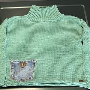 Mint Green Turtleneck Sweater with Denim Pocket - Women